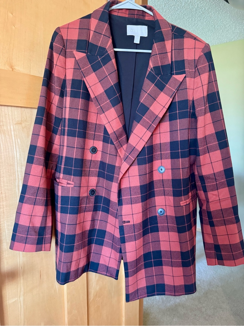 Plaid Double-Breasted Blazer - Burnt Orange-Red